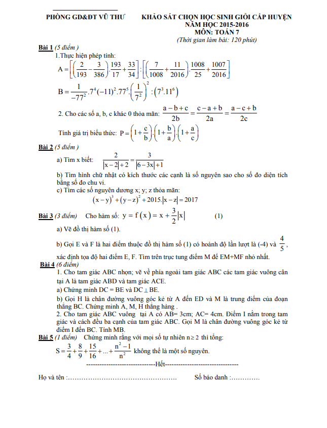 Đề học sinh giỏi huyện Toán 7 năm 2015 – 2016 phòng GD&ĐT Vũ Thư – Thái Bình
