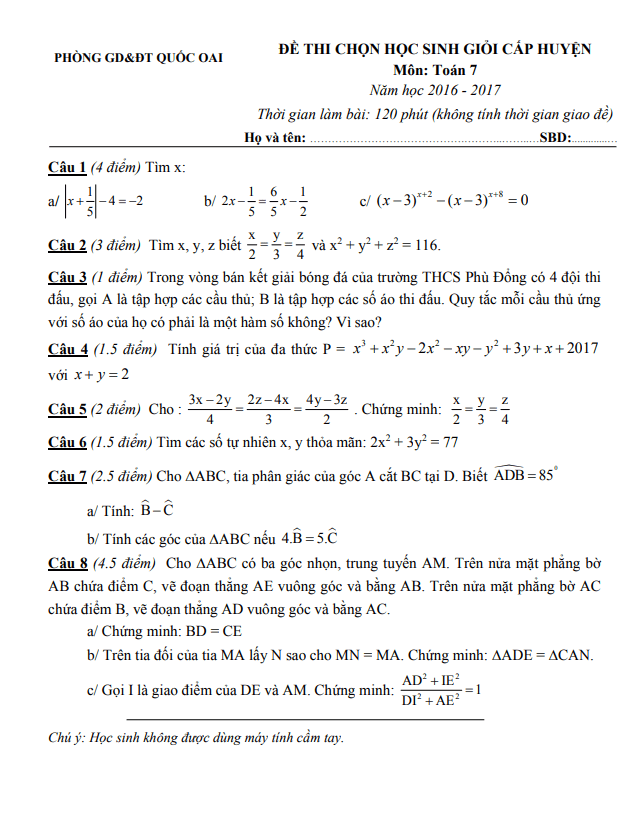 Đề học sinh giỏi huyện Toán 7 năm 2016 – 2017 phòng GD&ĐT Quốc Oai – Hà Nội