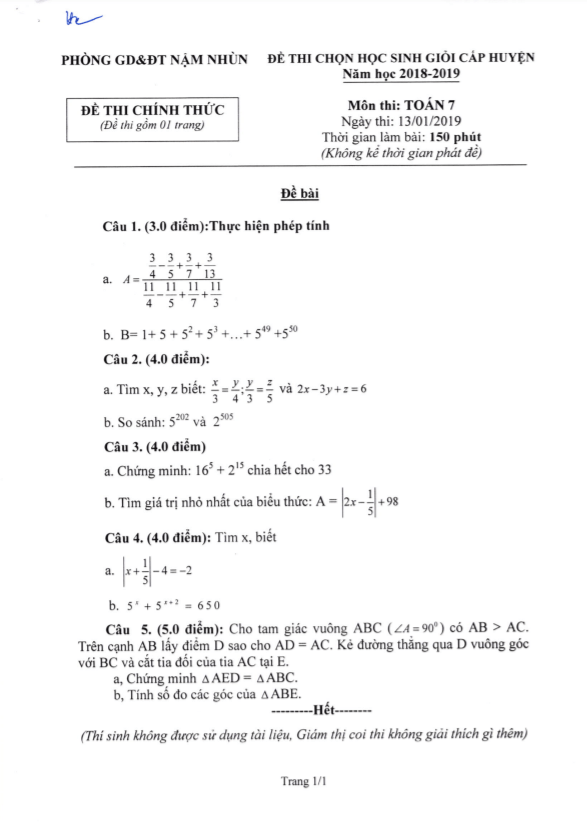 Đề học sinh giỏi huyện Toán 7 năm 2018 – 2019 phòng GD&ĐT Nậm Nhùn – Lai Châu