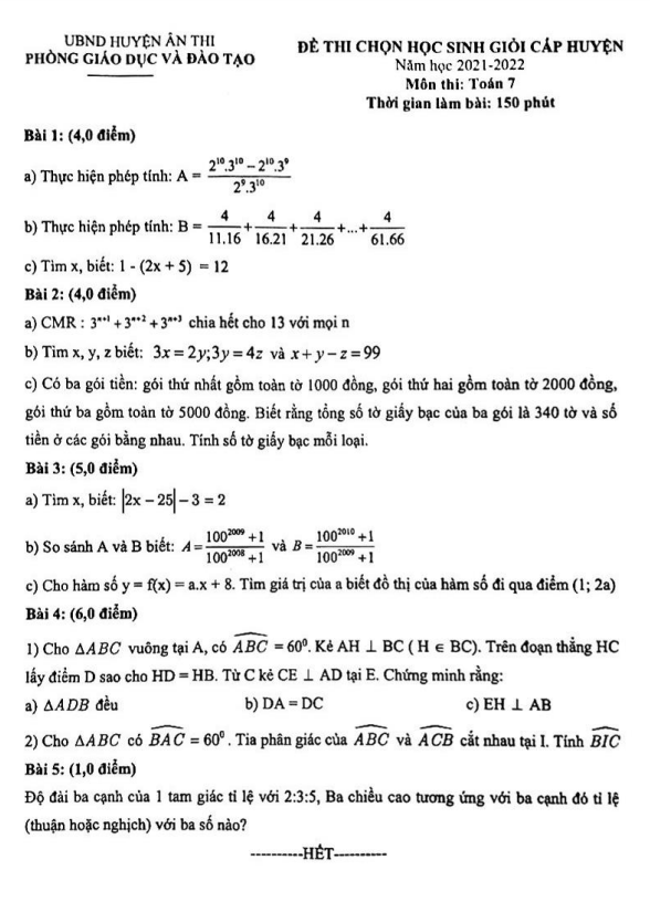 Đề học sinh giỏi huyện Toán 7 năm 2021 – 2022 phòng GD&ĐT Ân Thi – Hưng Yên