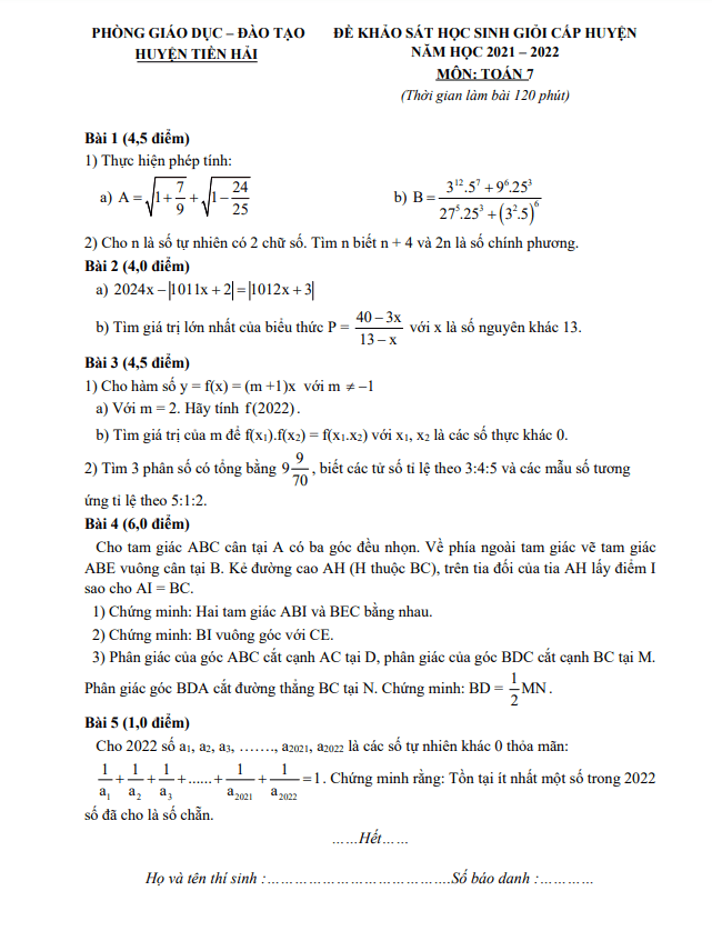 Đề học sinh giỏi huyện Toán 7 năm 2021 – 2022 phòng GD&ĐT Tiền Hải – Thái Bình