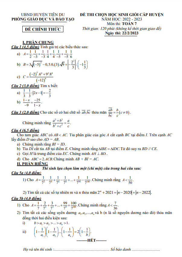 Đề học sinh giỏi huyện Toán 7 năm 2022 – 2023 phòng GD&ĐT Tiên Du – Bắc Ninh
