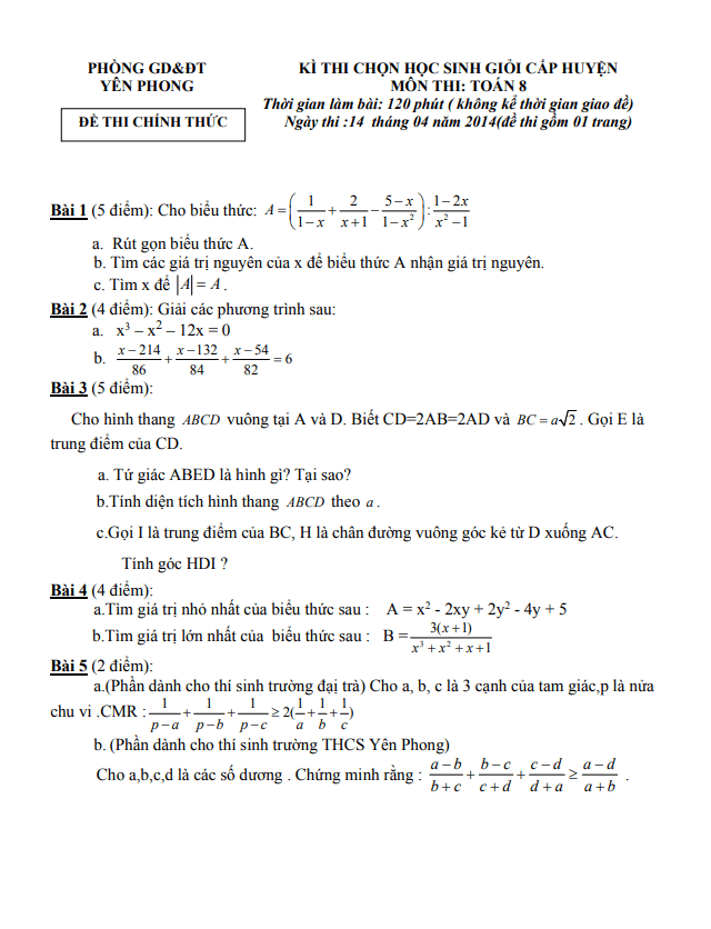 Đề học sinh giỏi huyện Toán 8 năm 2013 – 2014 phòng GD&ĐT Yên Phong – Bắc Ninh