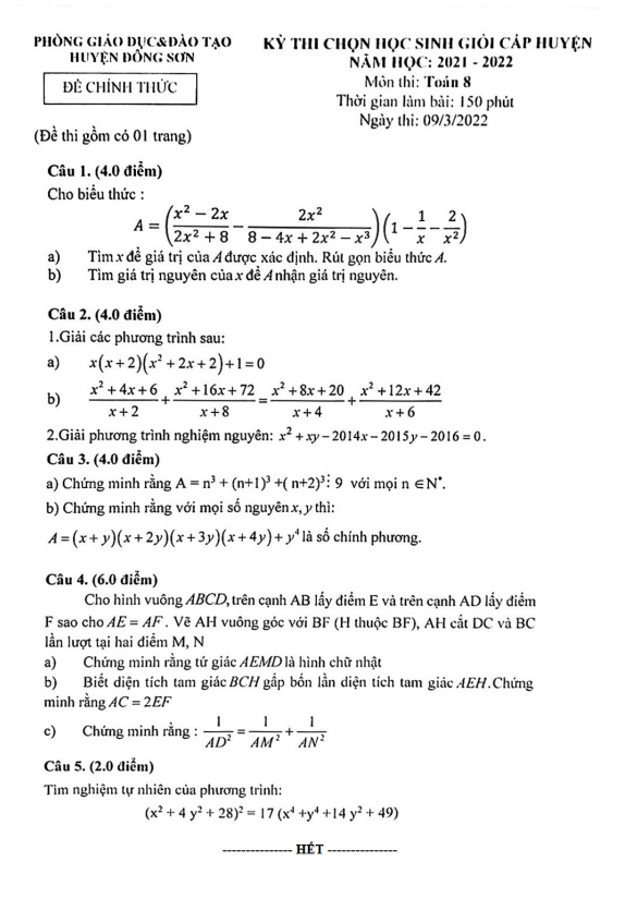 Đề học sinh giỏi huyện Toán 8 năm 2021 – 2022 phòng GD&ĐT Đông Sơn – Thanh Hóa