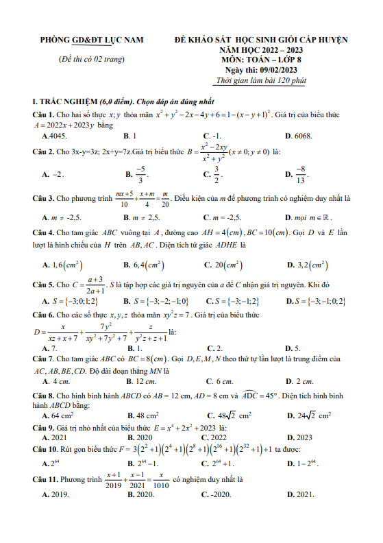 Đề học sinh giỏi huyện Toán 8 năm 2022 – 2023 phòng GD&ĐT Lục Nam – Bắc Giang