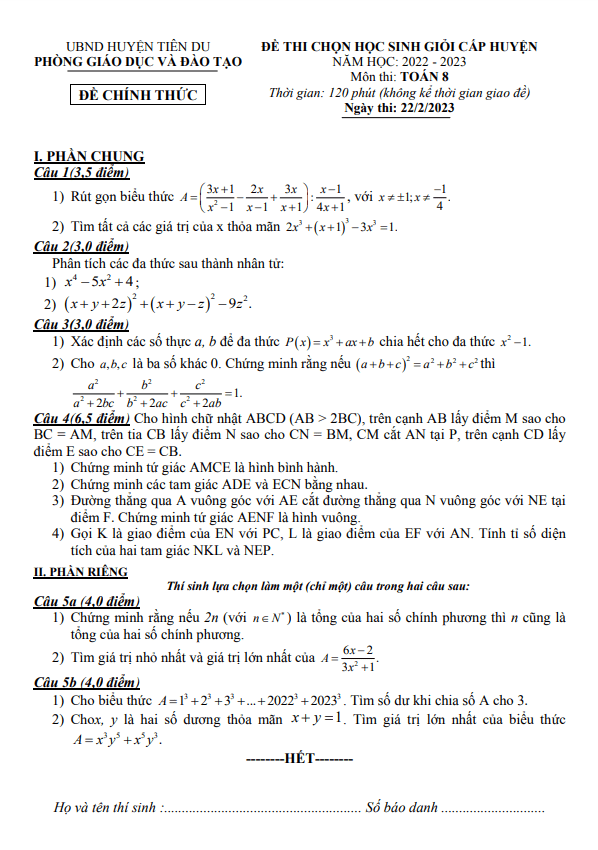 Đề học sinh giỏi huyện Toán 8 năm 2022 – 2023 phòng GD&ĐT Tiên Du – Bắc Ninh