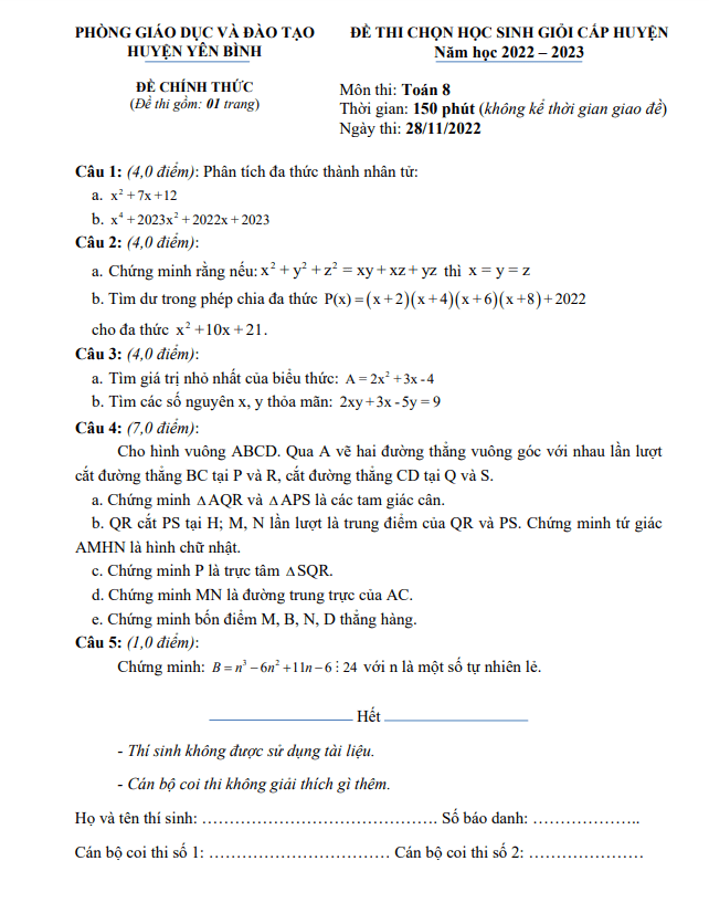 Đề học sinh giỏi huyện Toán 8 năm 2022 – 2023 phòng GD&ĐT Yên Bình – Yên Bái