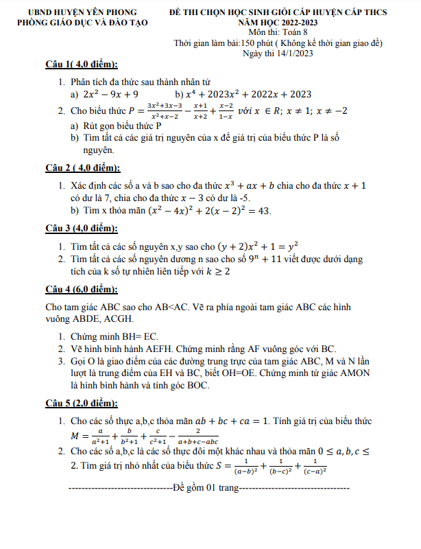 Đề học sinh giỏi huyện Toán 8 năm 2022 – 2023 phòng GD&ĐT Yên Phong – Bắc Ninh