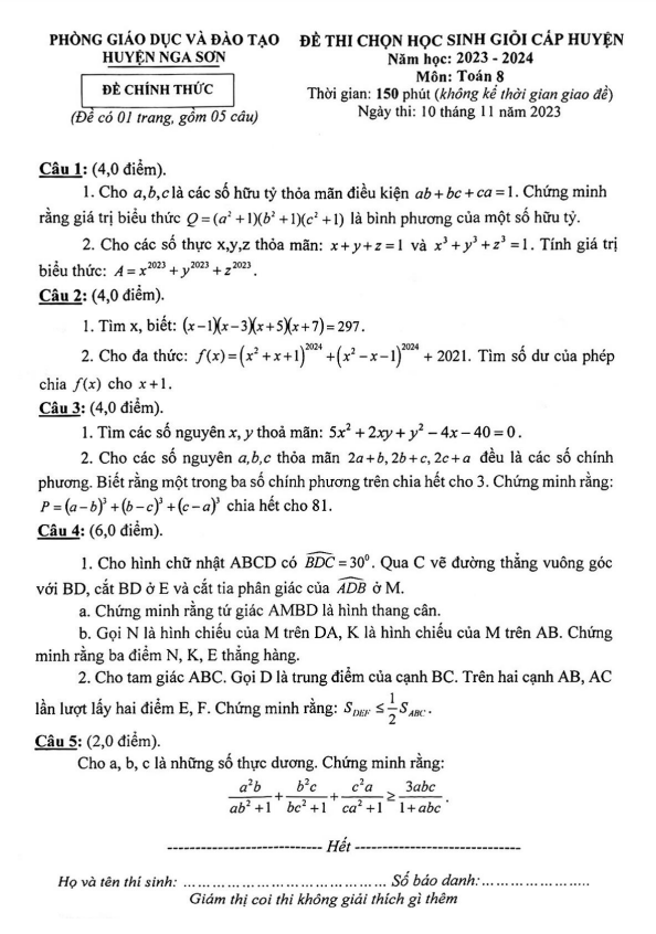 Đề học sinh giỏi huyện Toán 8 năm 2023 – 2024 phòng GD&ĐT Nga Sơn – Thanh Hóa