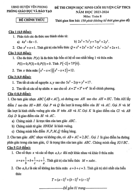 Đề học sinh giỏi huyện Toán 8 năm 2023 – 2024 phòng GD&ĐT Yên Phong – Bắc Ninh