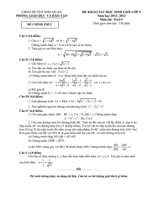 Đề học sinh giỏi huyện Toán 9 năm 2012 – 2013 phòng GD&ĐT Nho Quan – Ninh Bình