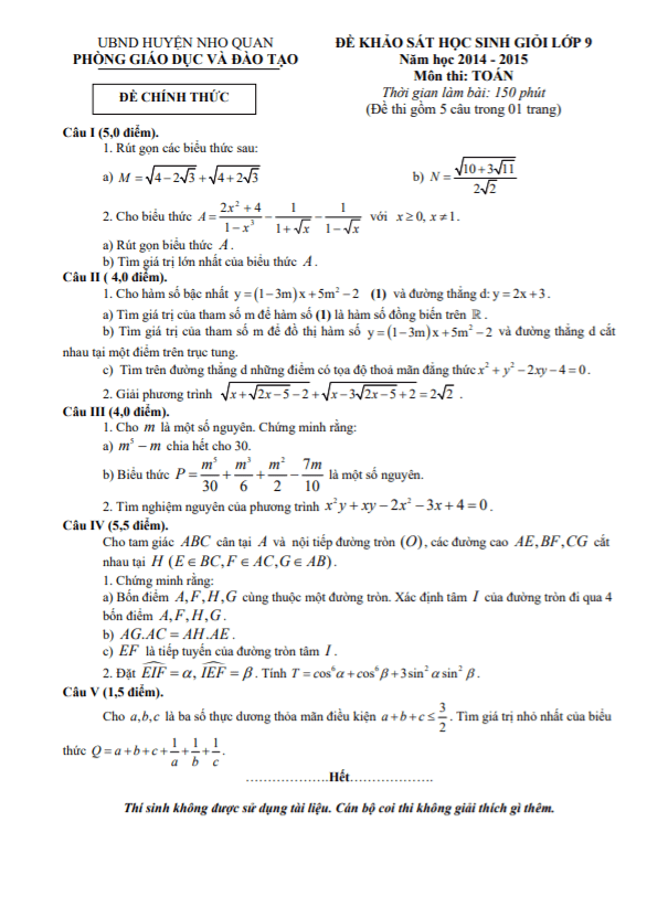 Đề học sinh giỏi huyện Toán 9 năm 2014 – 2015 phòng GD&ĐT Nho Quan – Ninh Bình