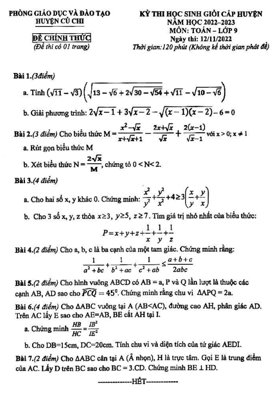 Đề học sinh giỏi huyện Toán 9 năm 2022 – 2023 phòng GD&ĐT Củ Chi – TP HCM
