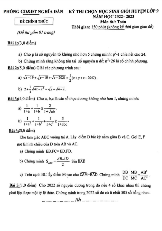 Đề học sinh giỏi huyện Toán 9 năm 2022 – 2023 phòng GD&ĐT Nghĩa Đàn – Nghệ An