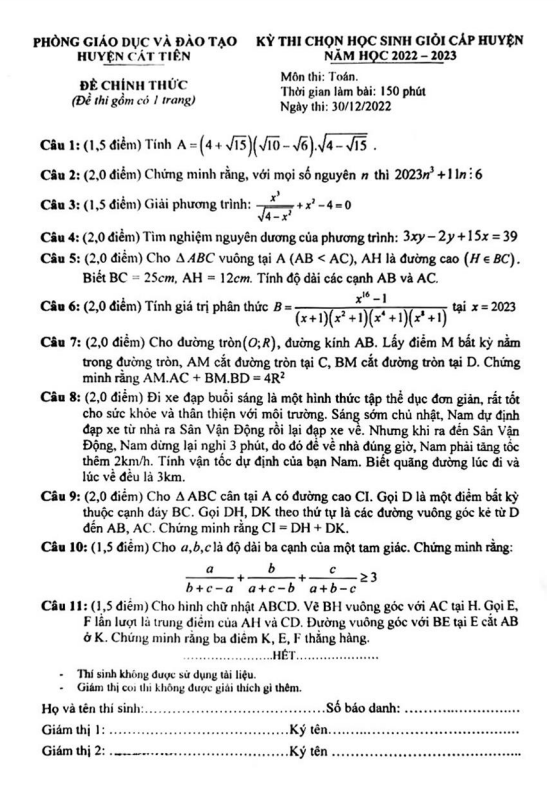 Đề học sinh giỏi huyện Toán THCS năm 2022 – 2023 phòng GD&ĐT Cát Tiên – Lâm Đồng