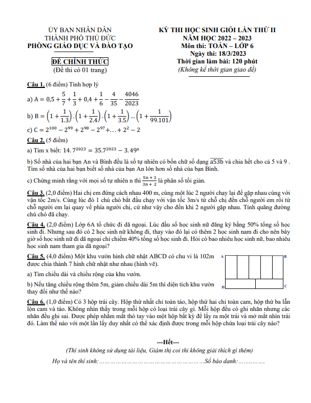 Đề học sinh giỏi lần 2 Toán 6 năm 2022 – 2023 phòng GD&ĐT Thủ Đức – TP HCM