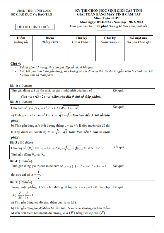 Đề học sinh giỏi MTCT Toán THPT năm 2022 – 2023 sở GD&ĐT Vĩnh Long