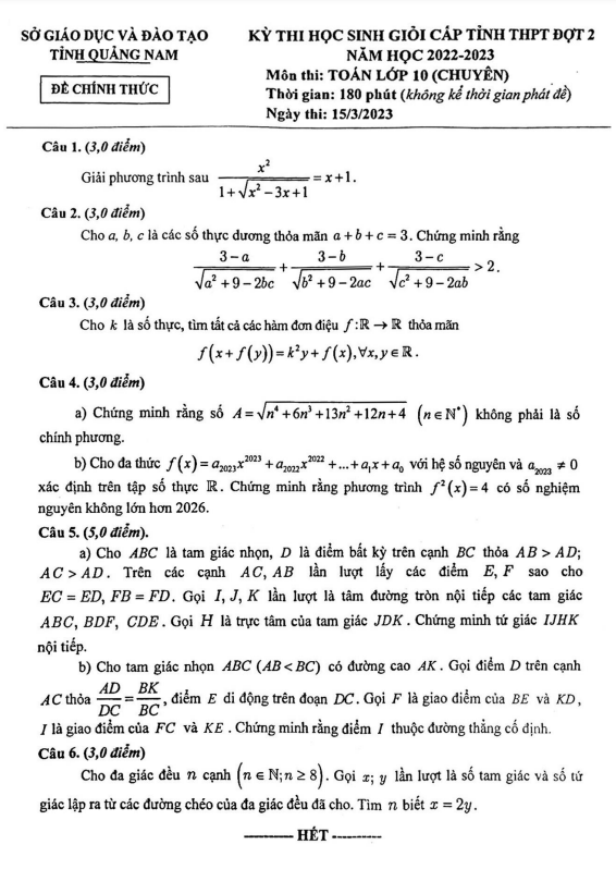 Đề học sinh giỏi tỉnh Toán 10 chuyên đợt 2 năm 2022 – 2023 sở GD&ĐT Quảng Nam