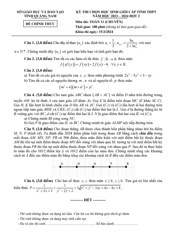 Đề học sinh giỏi tỉnh Toán 11 chuyên đợt 2 năm 2023 – 2024 sở GD&ĐT Quảng Nam