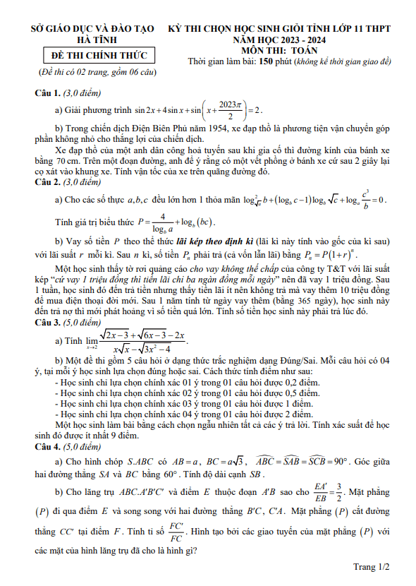 Đề học sinh giỏi tỉnh Toán 11 năm 2023 – 2024 sở GD&ĐT Hà Tĩnh