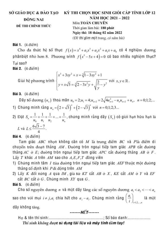 Đề học sinh giỏi tỉnh Toán 12 chuyên năm 2021 – 2022 sở GD&ĐT Đồng Nai
