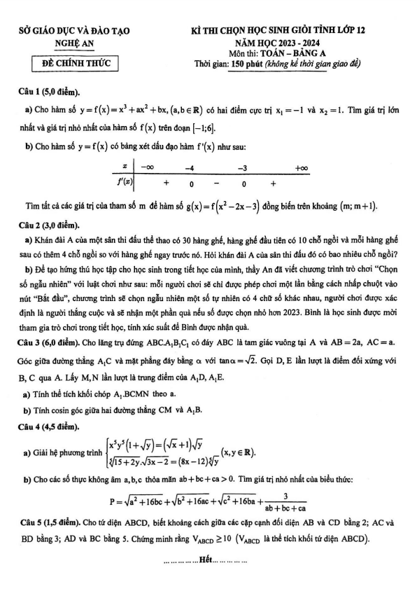 Đề học sinh giỏi tỉnh Toán 12 năm 2023 – 2024 sở GD&ĐT Nghệ An