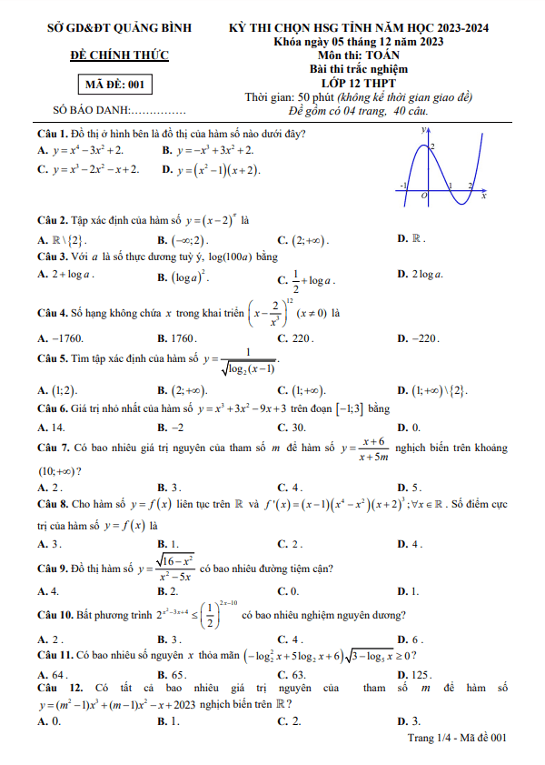Đề học sinh giỏi tỉnh Toán 12 năm 2023 – 2024 sở GD&ĐT Quảng Bình