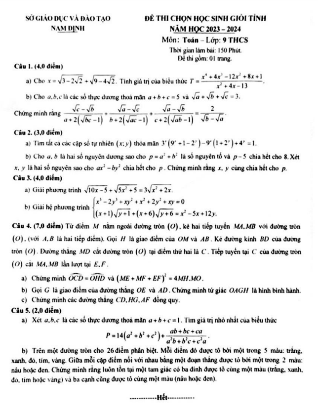 Đề học sinh giỏi tỉnh Toán 9 năm 2023 – 2024 sở GD&ĐT Nam Định
