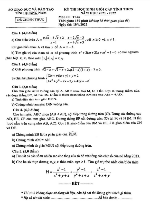 Đề học sinh giỏi tỉnh Toán THCS năm 2021 – 2022 sở GD&ĐT Quảng Nam