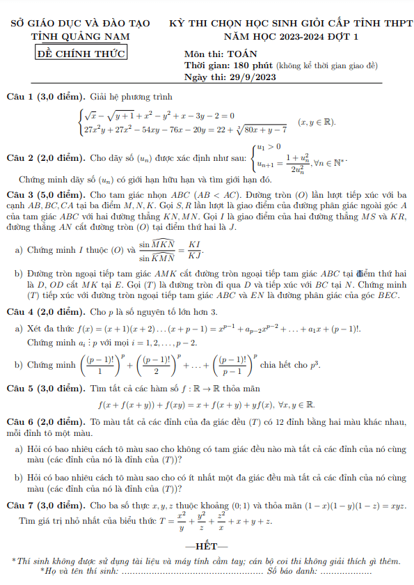 Đề học sinh giỏi tỉnh Toán THPT đợt 1 năm 2023 – 2024 sở GD&ĐT Quảng Nam