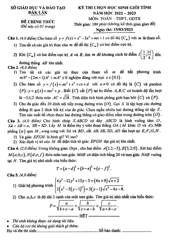 Đề học sinh giỏi tỉnh Toán THPT & GDTX năm 2022 – 2023 sở GD&ĐT Đắk Lắk