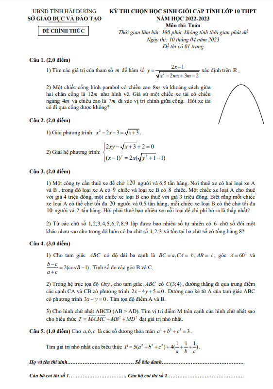 Đề học sinh giỏi Toán 10 cấp tỉnh năm 2022 – 2023 sở GD&ĐT Hải Dương