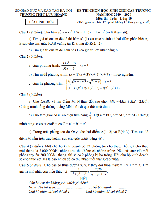 Đề học sinh giỏi Toán 10 cấp trường năm 2019 – 2020 trường Lưu Hoàng – Hà Nội