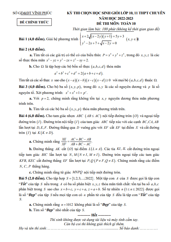Đề học sinh giỏi Toán 10 chuyên năm 2022 – 2023 sở GD&ĐT Vĩnh Phúc