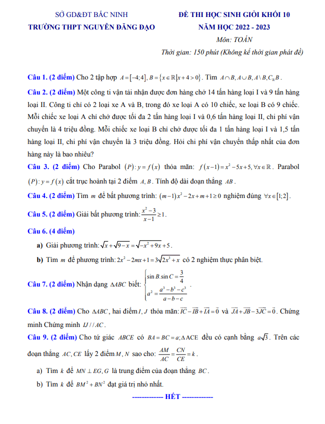 Đề học sinh giỏi Toán 10 năm 2022 – 2023 trường Nguyễn Đăng Đạo – Bắc Ninh