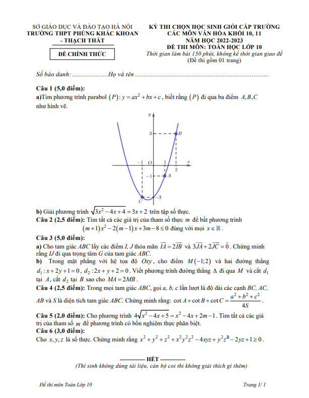 Đề học sinh giỏi Toán 10 năm 2022 – 2023 trường THPT Phùng Khắc Khoan – Hà Nội