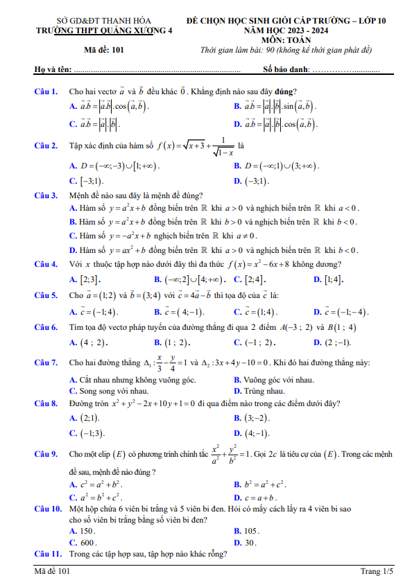 Đề học sinh giỏi Toán 10 năm 2023 – 2024 trường THPT Quảng Xương 4 – Thanh Hóa