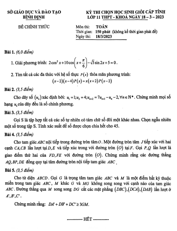 Đề học sinh giỏi Toán 11 cấp tỉnh năm 2022 – 2023 sở GD&ĐT Bình Định