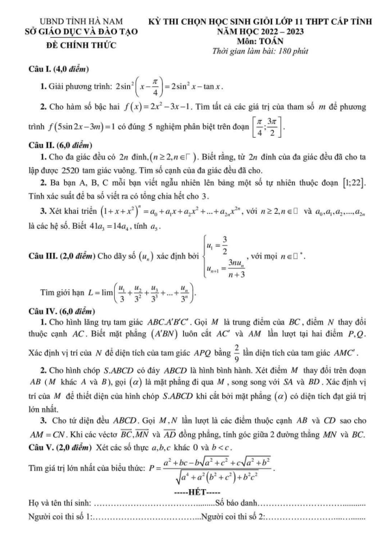 Đề học sinh giỏi Toán 11 cấp tỉnh năm 2022 – 2023 sở GD&ĐT Hà Nam