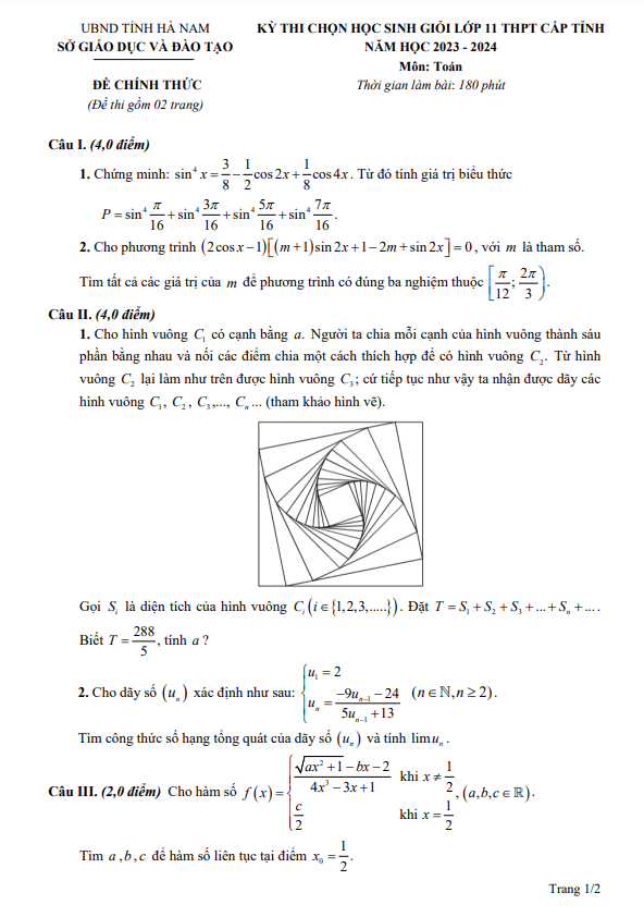 Đề học sinh giỏi Toán 11 cấp tỉnh năm 2023 – 2024 sở GD&ĐT Hà Nam