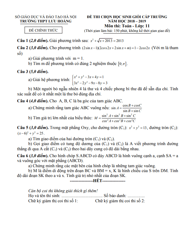 Đề học sinh giỏi Toán 11 cấp trường năm 2018 – 2019 trường Lưu Hoàng – Hà Nội