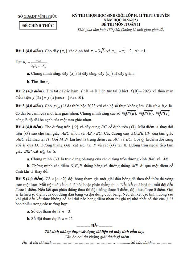 Đề học sinh giỏi Toán 11 chuyên năm 2022 – 2023 sở GD&ĐT Vĩnh Phúc