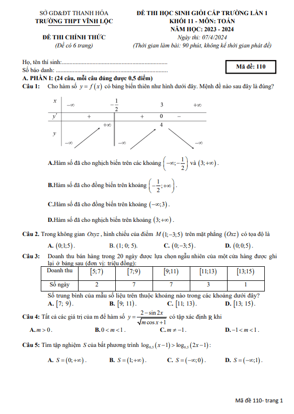 Đề học sinh giỏi Toán 11 lần 1 năm 2023 – 2024 trường THPT Vĩnh Lộc – Thanh Hóa