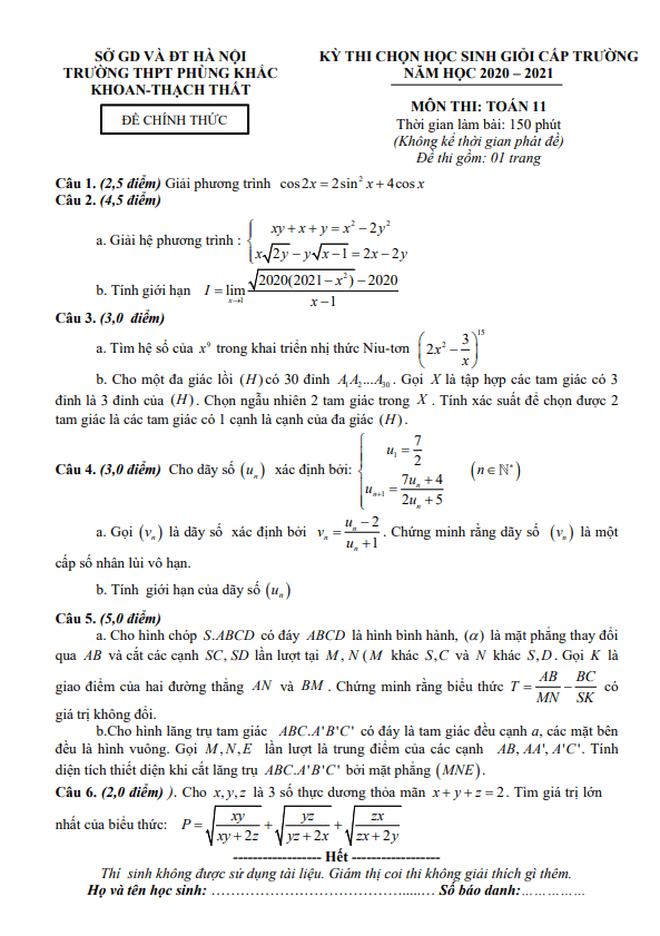 Đề học sinh giỏi Toán 11 năm 2020 – 2021 trường Phùng Khắc Khoan – Hà Nội