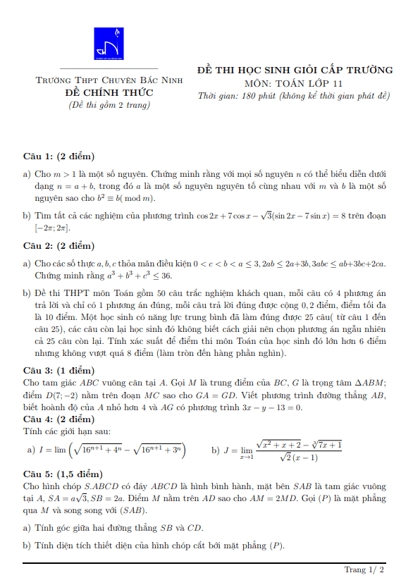 Đề học sinh giỏi Toán 11 năm 2021 – 2022 trường THPT chuyên Bắc Ninh