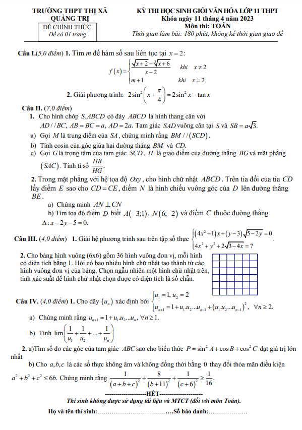 Đề học sinh giỏi Toán 11 năm 2022 – 2023 trường THPT Thị xã Quảng Trị