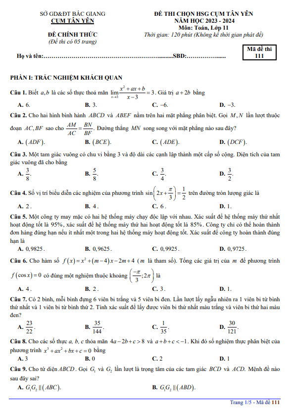 Đề học sinh giỏi Toán 11 năm 2023 – 2024 cụm Tân Yên – Bắc Giang