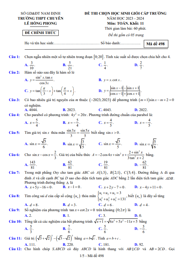 Đề học sinh giỏi Toán 11 năm 2023 – 2024 trường chuyên Lê Hồng Phong – Nam Định