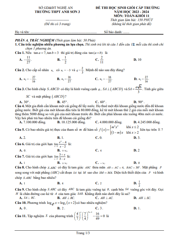 Đề học sinh giỏi Toán 11 năm 2023 – 2024 trường THPT Anh Sơn 3 – Nghệ An
