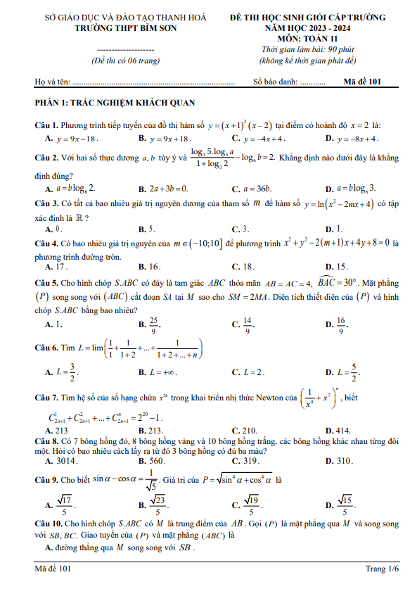 Đề học sinh giỏi Toán 11 năm 2023 – 2024 trường THPT Bỉm Sơn – Thanh Hóa